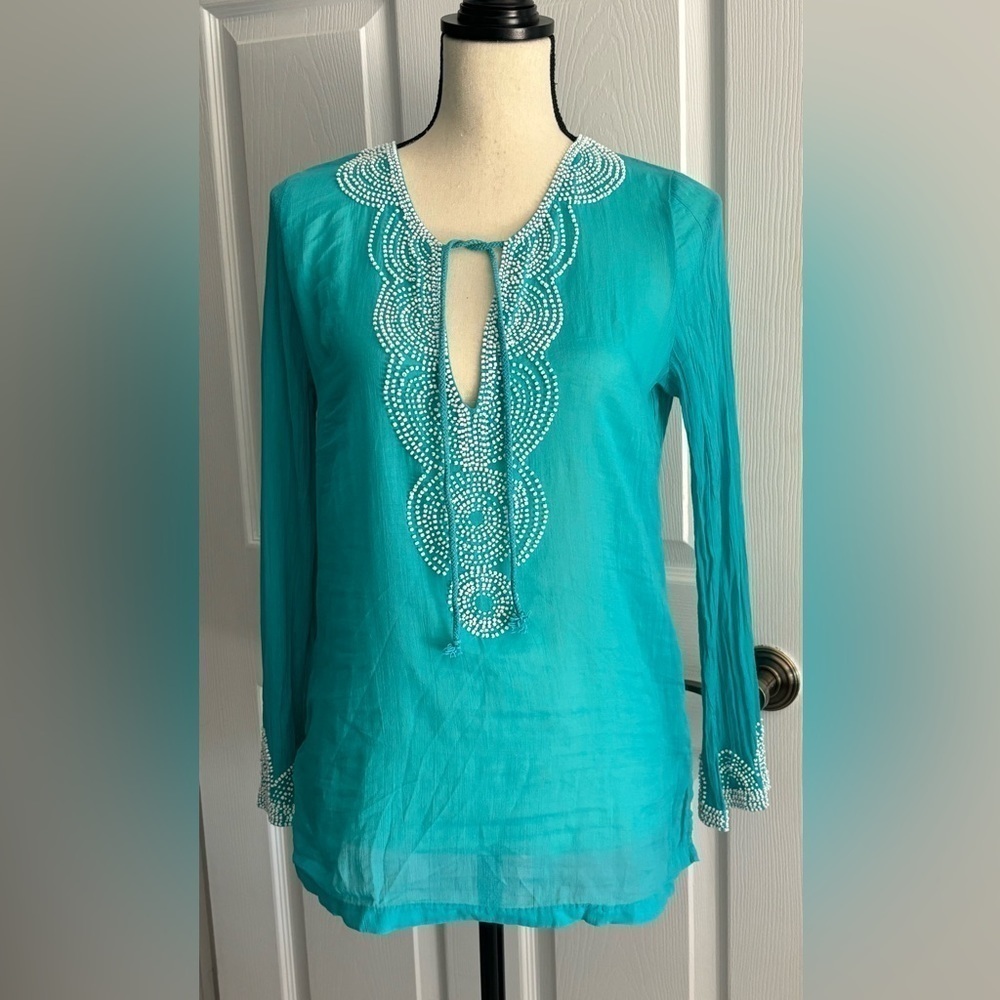 VENUS Boho Teal Beaded Blouse w/Vneck Tie. Beaded, Flared Long Sleeves Sz S